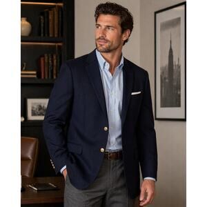 Jos A Bank 48R Navy Wool Blazer Tailored Fit Stretch Gold Button Jacket